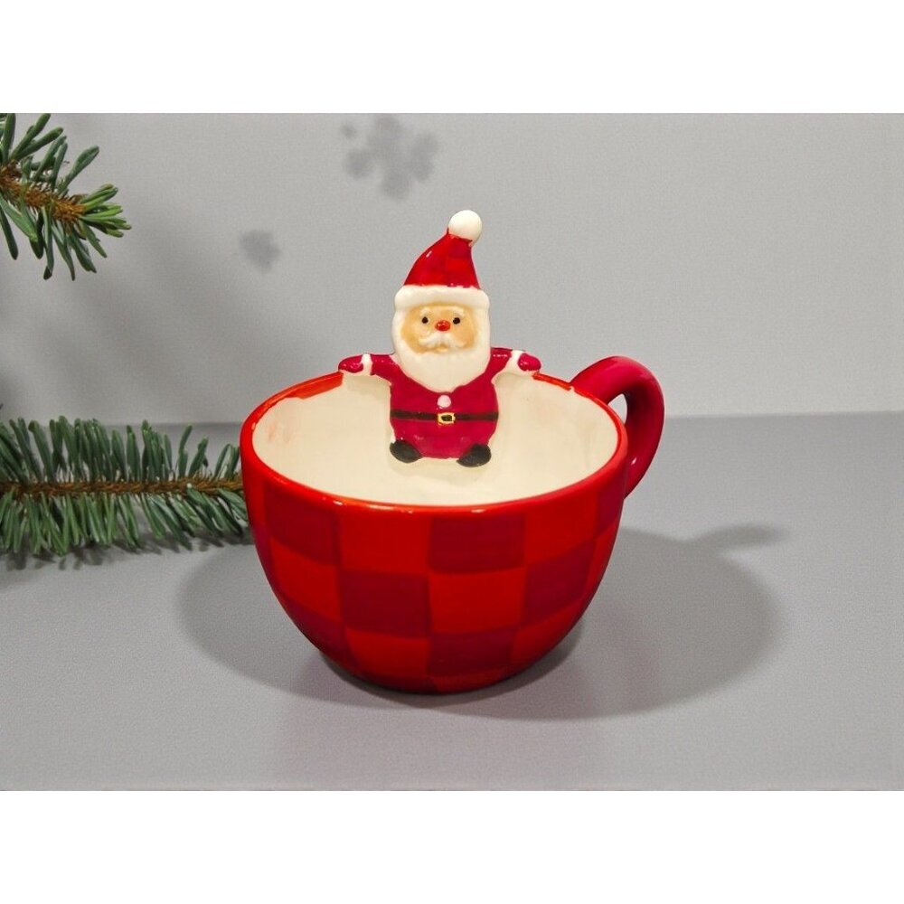 New Red WHITE Pink Floating Santa Claus Christmas Checkered Coffee Mug Gift